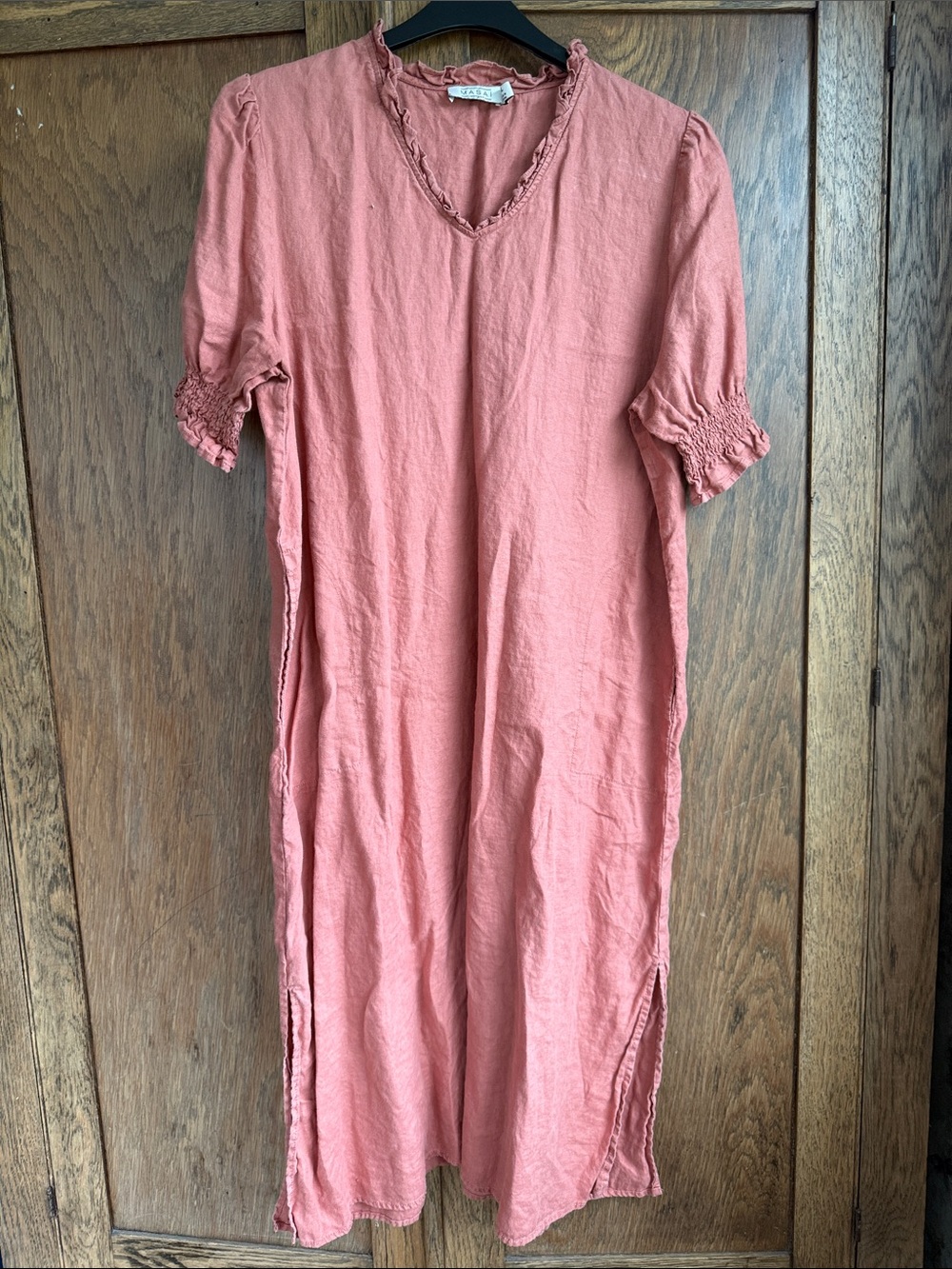 Rose/Pumpkin Linen-Blend Midi Dress with Smocked Sleeves